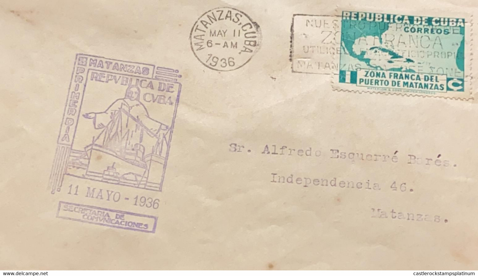 A) 1936, CUBA, FREE ZONE OF THE PORT OF MATANZA, FDC, COMMUNICATIONS SECRETARY - Other & Unclassified