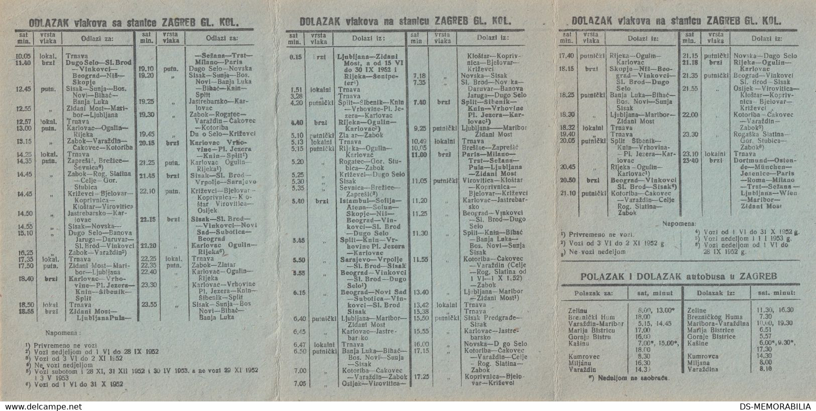 1952 Yugoslavia Railways Aviation Bus Transport Timetable Zagreb Main Station - Europe