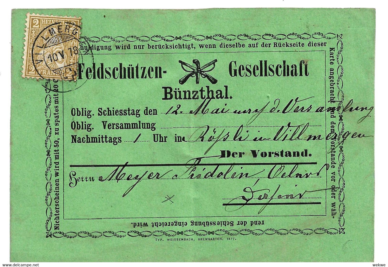 CH044 / SCHWEIZ - Bünzthal. Heimatbeleg 1878, Marke War Abgefallen Und Wurde Verschoben Neu Befestigt - Storia Postale