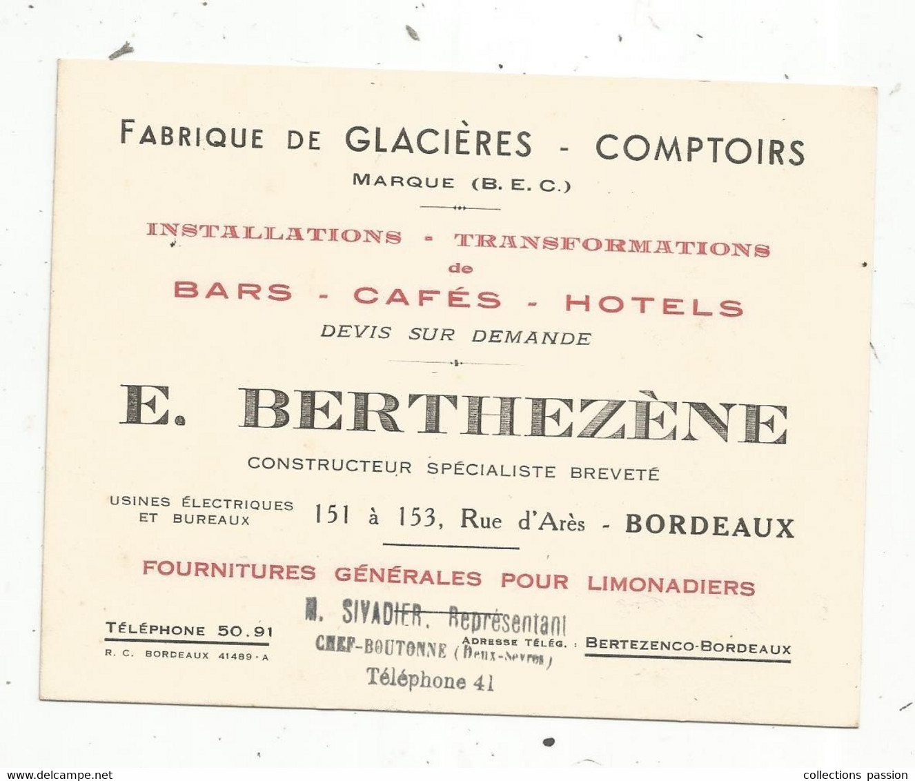 Carte De Visite , Fabrique De Glacières , Comptoir , Bars , Cafés ,Hotels , E. Berthezéne , Bordeaux , 135 X 110 Mm - Cartes De Visite