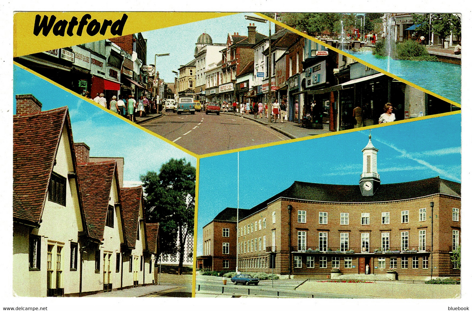 Ref 1423 -  Multiview Postcard - Watford Hertfordshire - High Street - Town Hall - The Pond & Almshouses - Hertfordshire