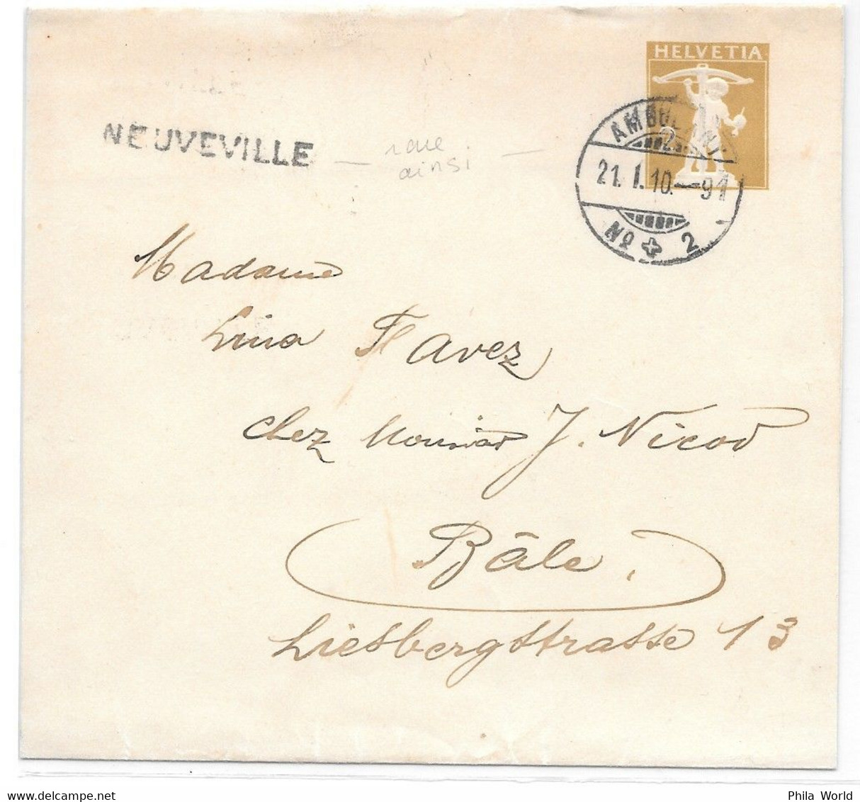 SUISSE - Poste Ferroviaire - 1910 - Bahnwagen-Stempel OW NEUVEVILLE + AMBULANT Ligne N°2 Switzerland Cover Schweiz Brief - Briefe U. Dokumente