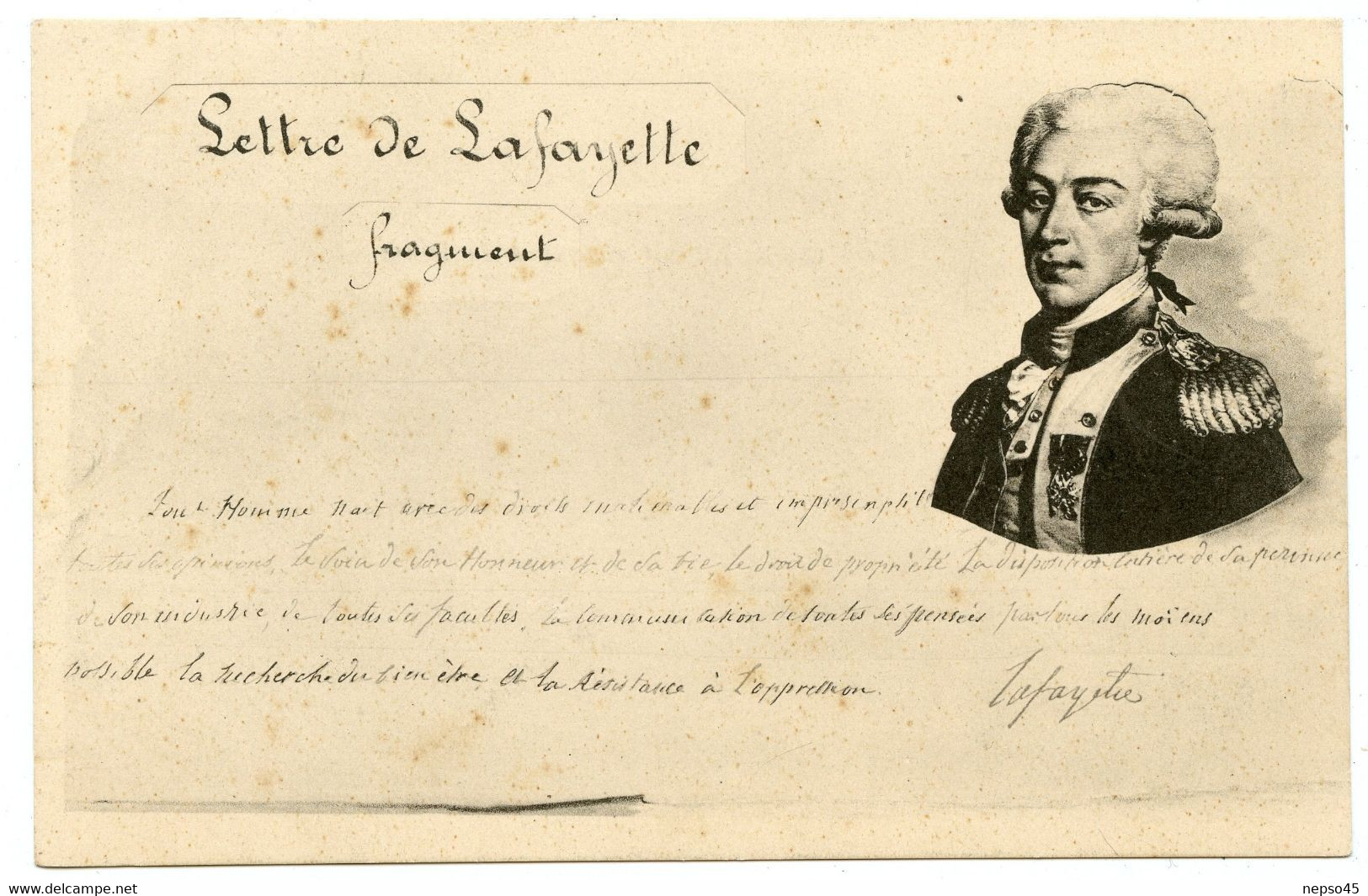 Fac-similé. Fragment De Lettre Manuscrite Rédigée Par Gilbert Du Motier, Marquis De La Fayette - People