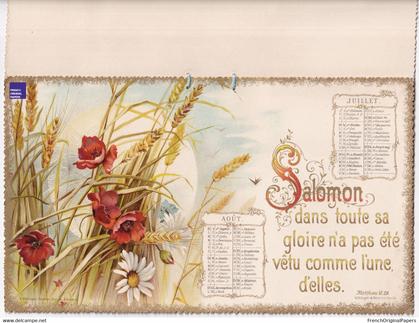 Magnifique Calendrier 1897 - Dieu Religion Jésus Christ Salomon Ange Coquelicot - Killinger - Victorian Era Angel God C2 - Grand Format : ...-1900