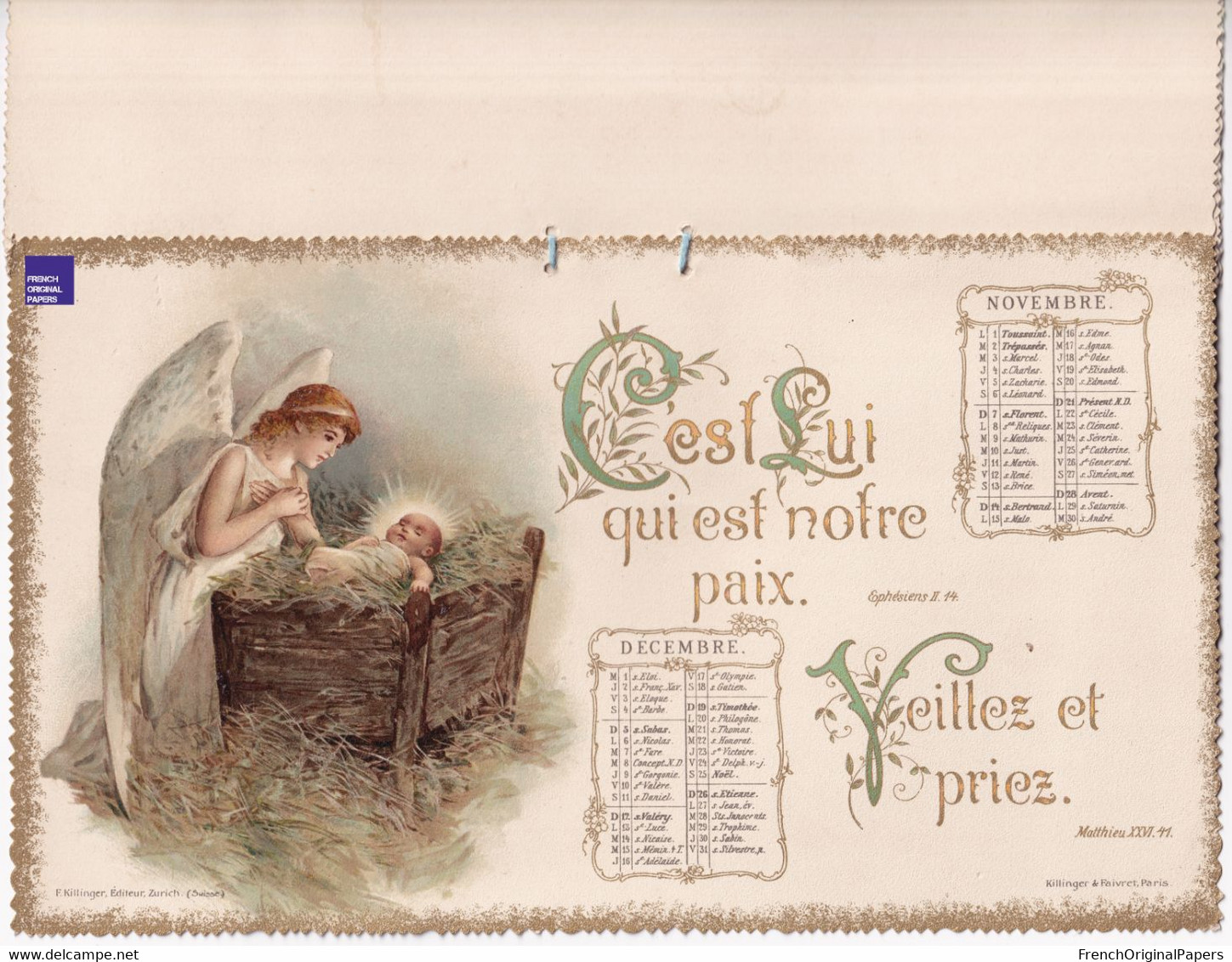 Magnifique Calendrier 1897 - Dieu Religion Jésus Christ Salomon Ange Coquelicot - Killinger - Victorian Era Angel God C2 - Big : ...-1900