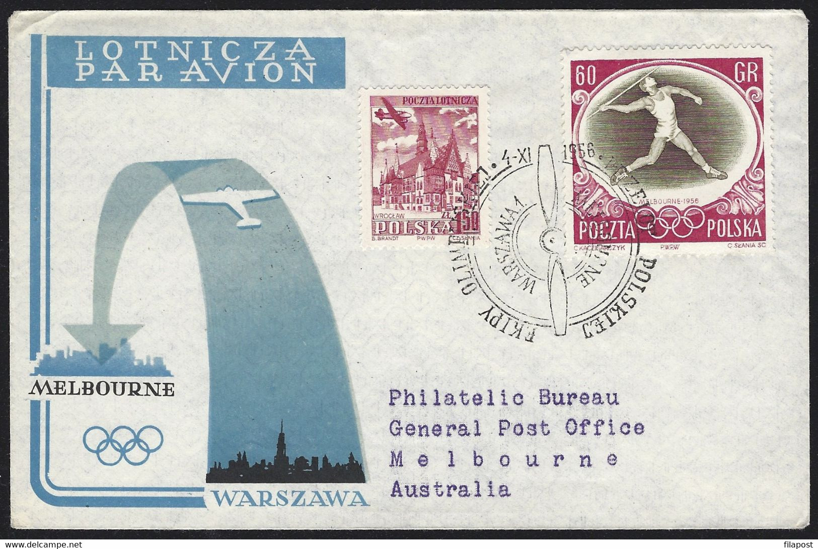 1956 Letter To Australia, Registered, Recommande,  Javelin Thrower, Air Mail, Receiving Cancel, Postmark Olympic P51 - Airplanes