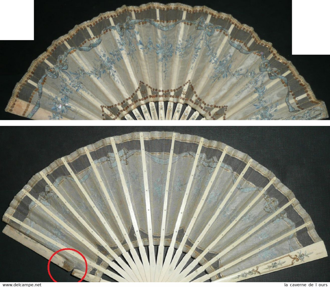 Rare Ancien éventail à Restaurer, En Os Domestique à Décor Gravé, Doré, Tissu Brodé En Couleurs, Sequins - Fans