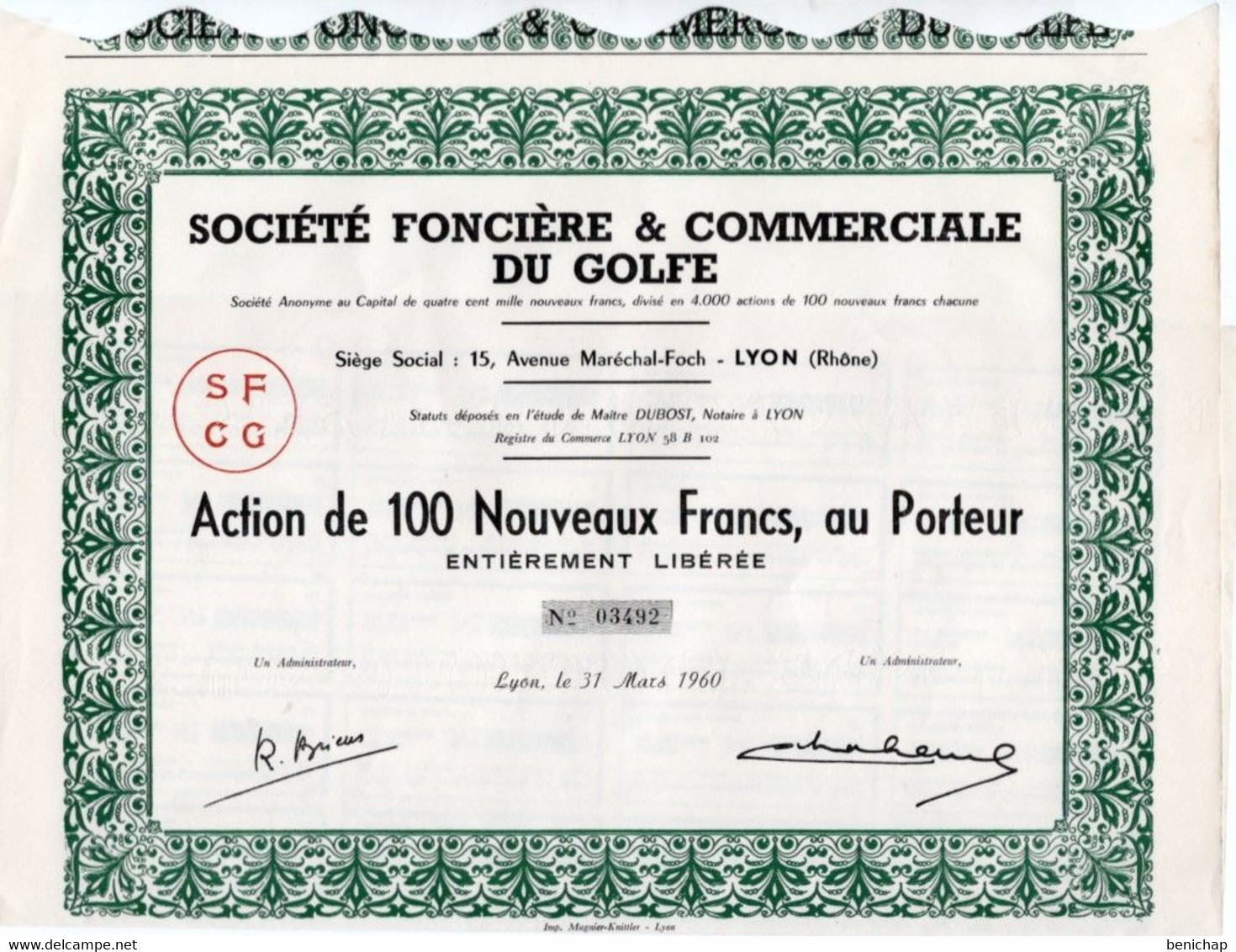 Action De 100 Nouveaux Francs Au Porteur - Socièté Foncière & Commerciale Du Golfe - Lyon 1960. - Bank & Insurance