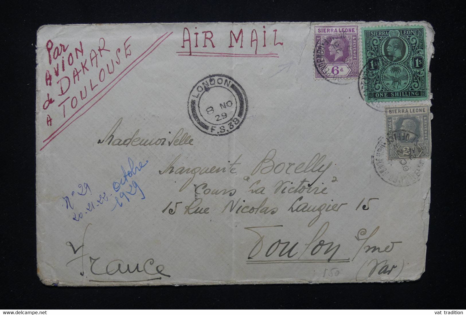 SIERRA LEONE - Enveloppe Pour La France En 1929 Par Avion Via Londres, Voir Au Dos Cachets De Transit - L 76522 - Sierra Leone (...-1960)