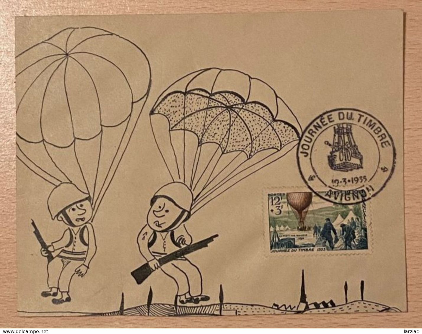 Enveloppe Décorée à La Main Parachutistes Affranchie Oblitération Journée Du Timbre Avignon Vaucluse 1955 - Gedenkstempel