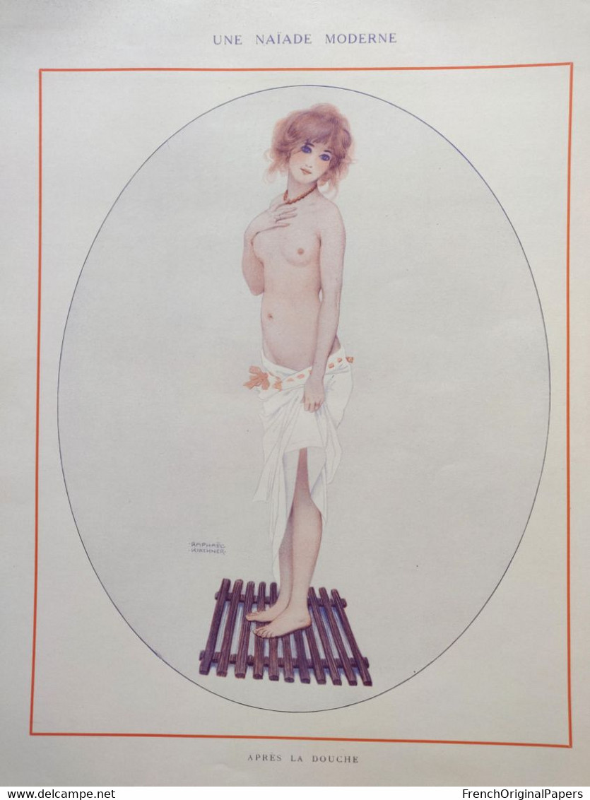 Naïade Moderne / Après La Douche - Raphaël Kirchner 1914 Estampe Vie Parisienne Paris - Femme Nue Sexy Pinup MF1 - Prenten & Gravure