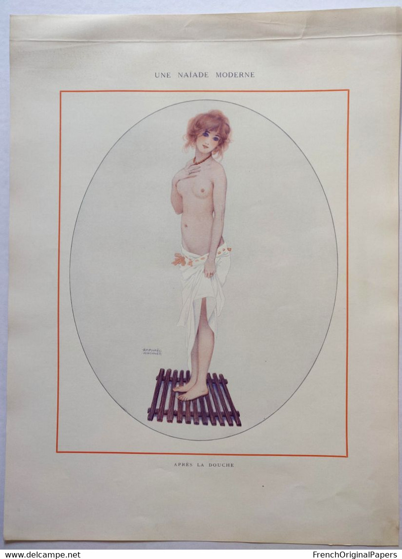 Naïade Moderne / Après La Douche - Raphaël Kirchner 1914 Estampe Vie Parisienne Paris - Femme Nue Sexy Pinup MF1 - Prenten & Gravure