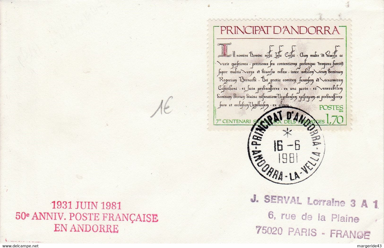 ANDORRE LETTRE POUR LA FRANCE 1981 - Briefe U. Dokumente