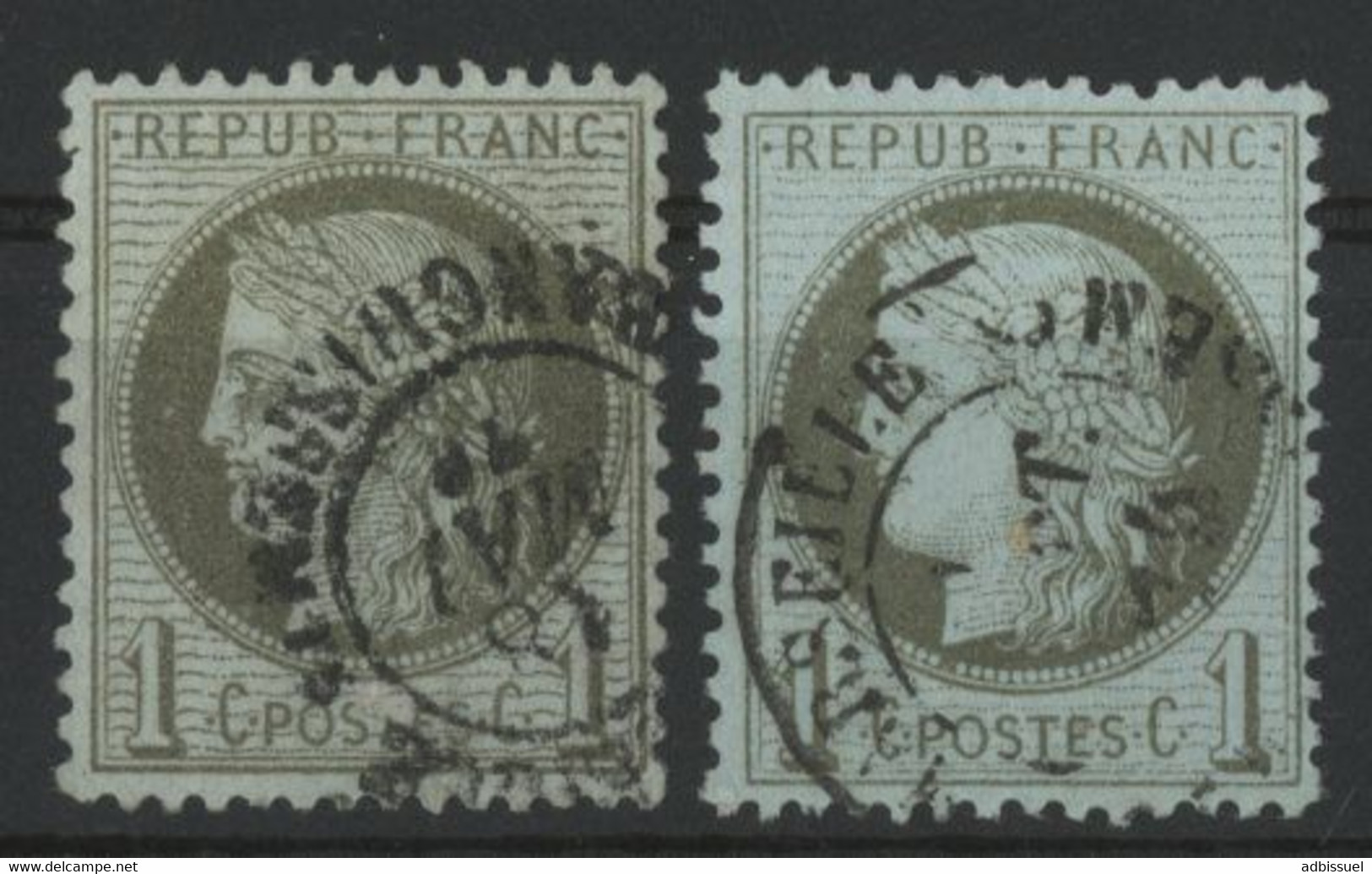 N° 50 + N° 50a Cérès 1ct Vert Olive + 1ct Vert Bronze. Oblitérés Cote 42 €. TB - 1871-1875 Cérès