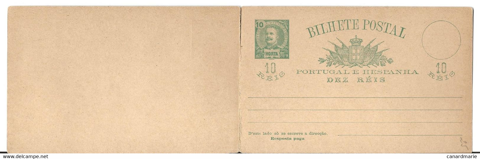 ENTIER POSTAL A 10 REIS AVEC REPONE PAYEE - Horta