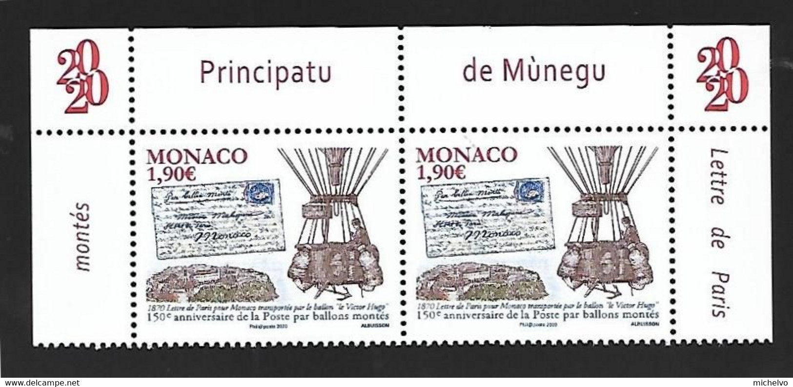 Monaco 2020 - Yv N° 3259 ** - 150e Anniversaire De La Poste Par Ballons Montés - Unused Stamps