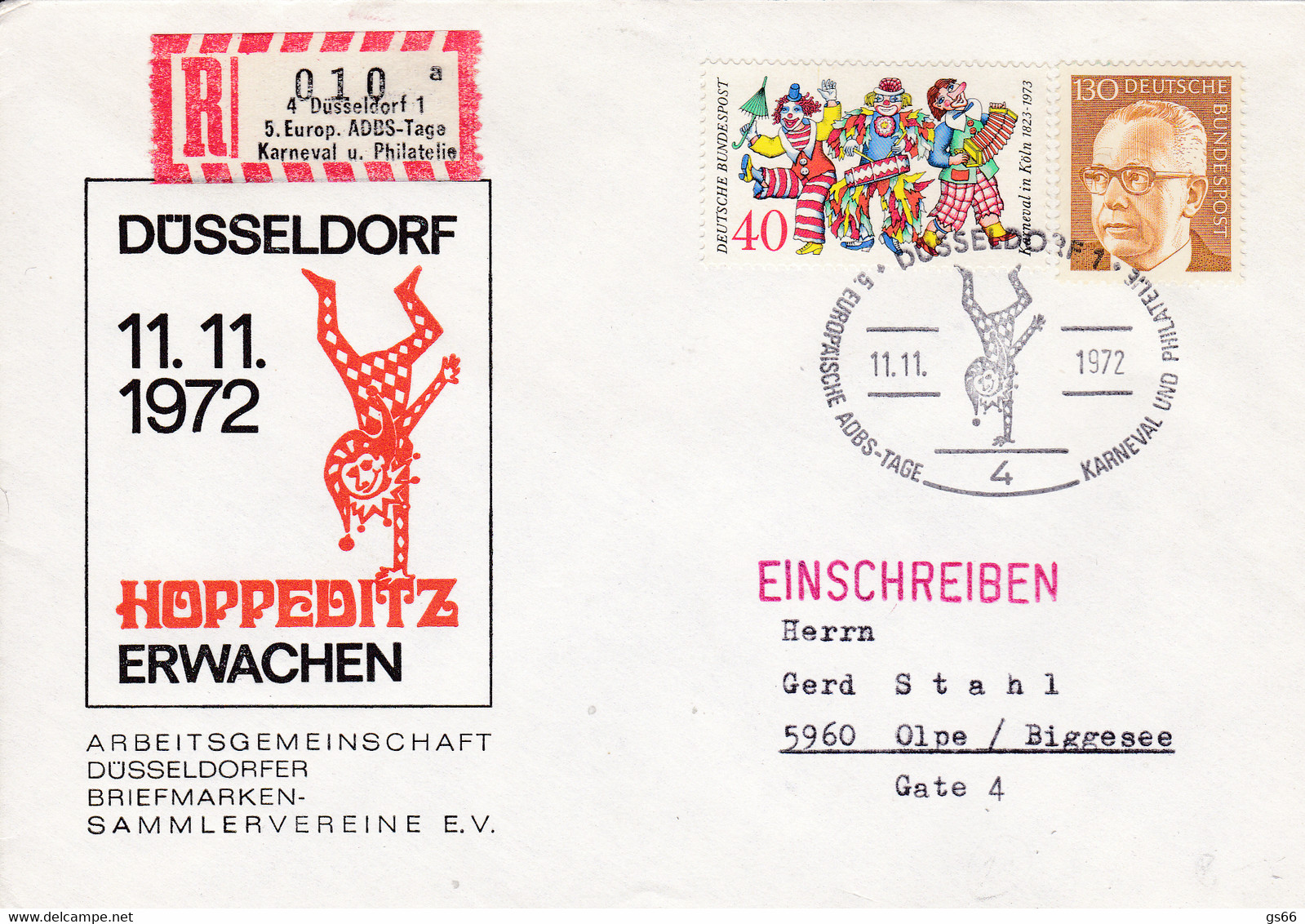 R-Brief Mit Sonder R Zettel, NEZ - Düsseldorf 1, 5. Europ. ADBS-Tage Karneval U. Philatelie, Nr. 010, Ub "a" - R- & V- Labels