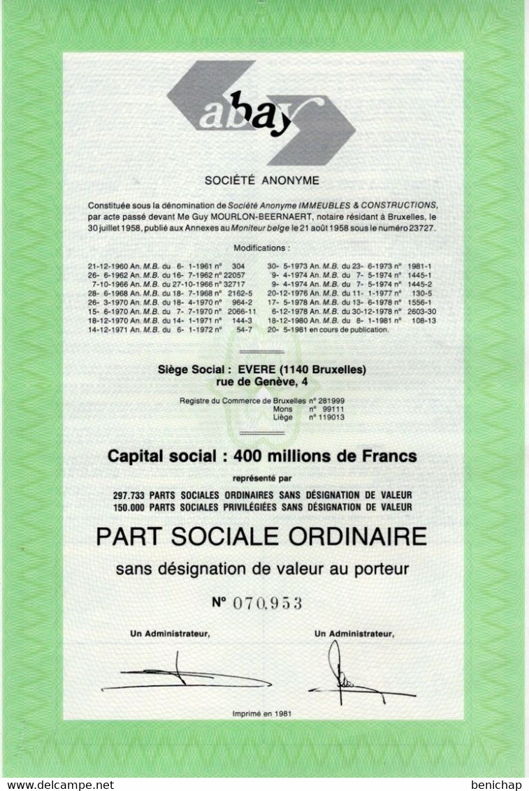 Part Sociale Ordinaire Au Porteur - ABAY S.A. -  S.A. Immeubles & Constructions - EVERE 1981. - Bank & Insurance