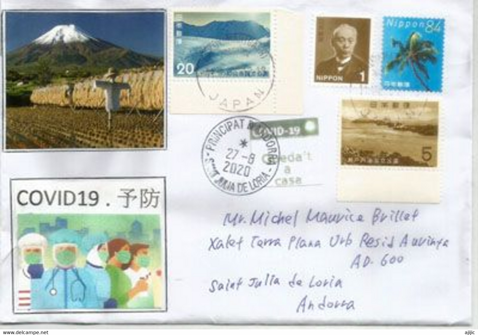 Belle Lettre De La Région Du Mt Fuji,avec Vignettes Prevention Covid19 Japonais & Et Arrivée Andorra,avec Timbre à Date - Cartas & Documentos
