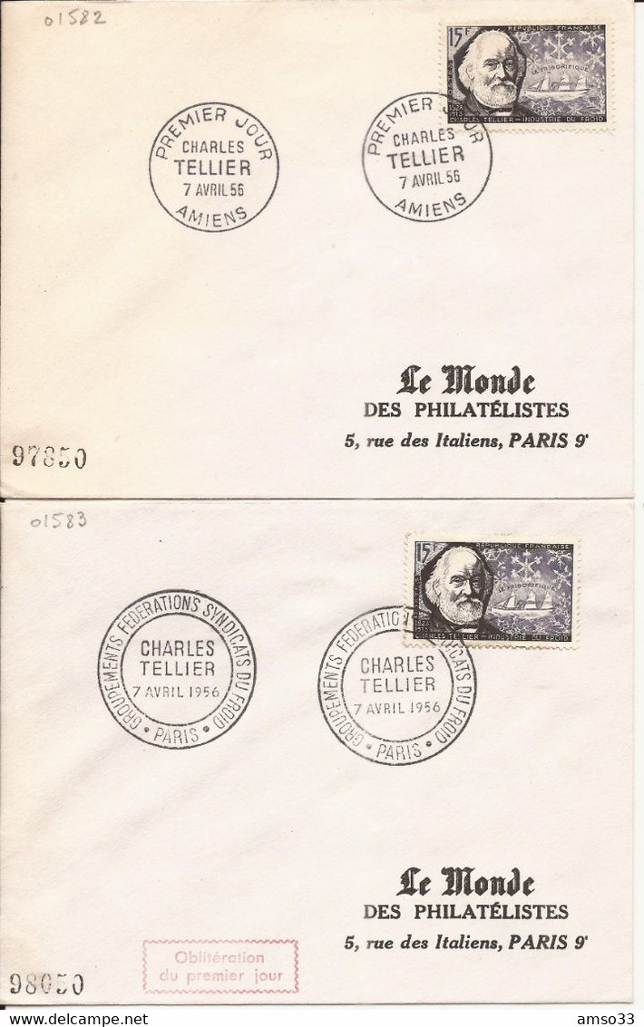 LOT DE 2 ENVELOPPES PREMIER JOUR CHARLES TELLIER AMIENS PARIS 1956 - Storia Postale