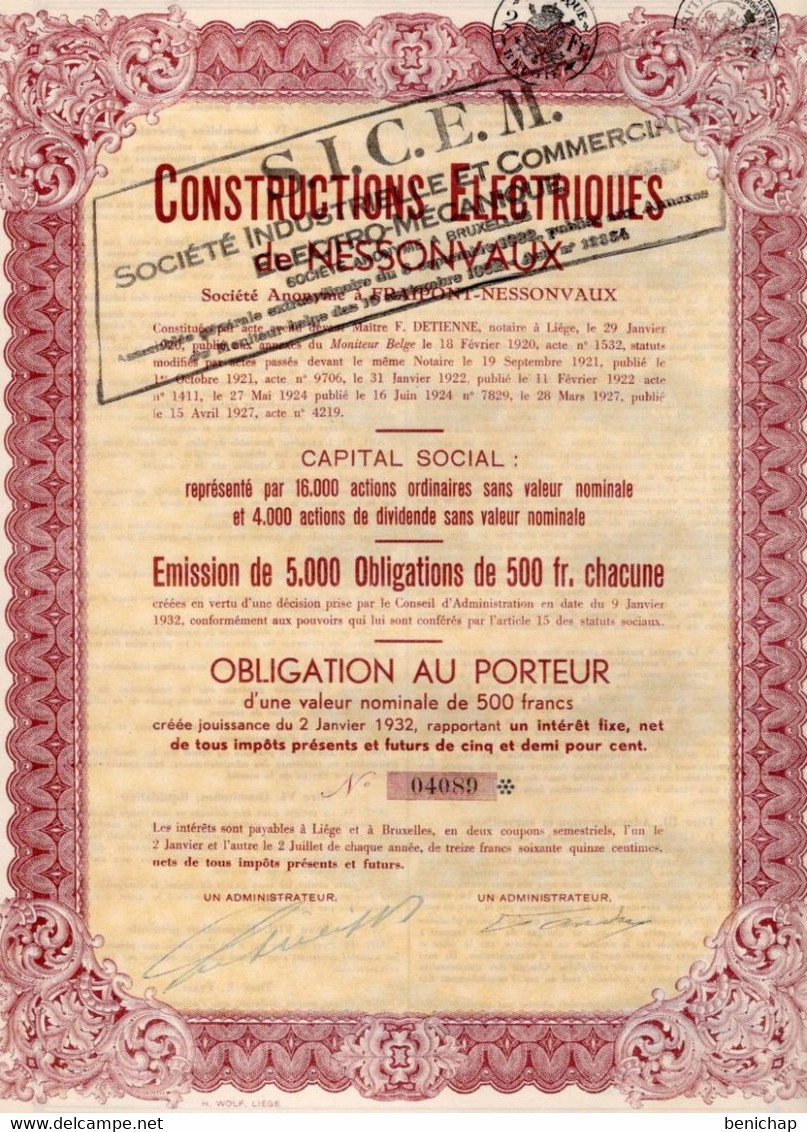 Obligation Au Porteur D'une Valeur De 500 Frcs - Constructions Electriques - Fraipont-Nessonvaux 1927. - Electricidad & Gas