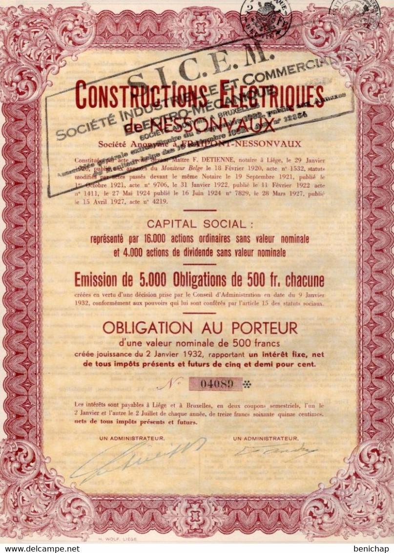 Obligation Au Porteur D'une Valeur De 500 Frcs - Constructions Electriques - Fraipont-Nessonvaux 1927. - Electricité & Gaz