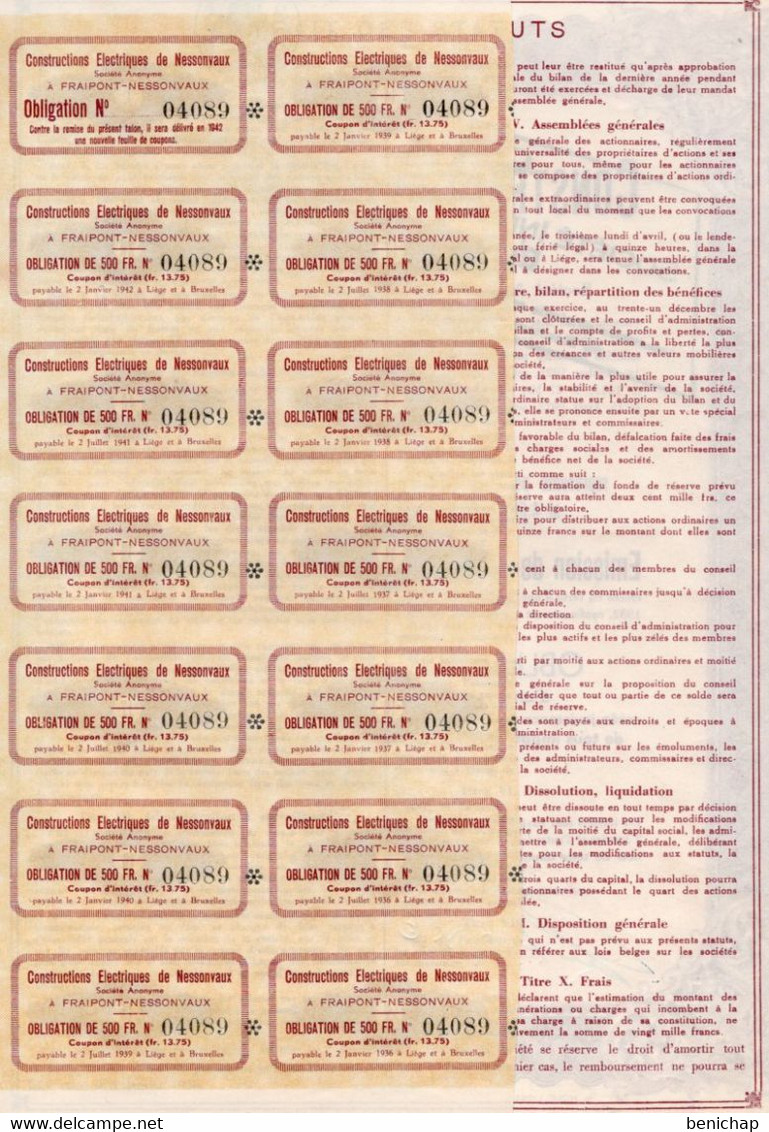 Obligation Au Porteur D'une Valeur De 500 Frcs - Constructions Electriques - Fraipont-Nessonvaux 1927. - Electricité & Gaz