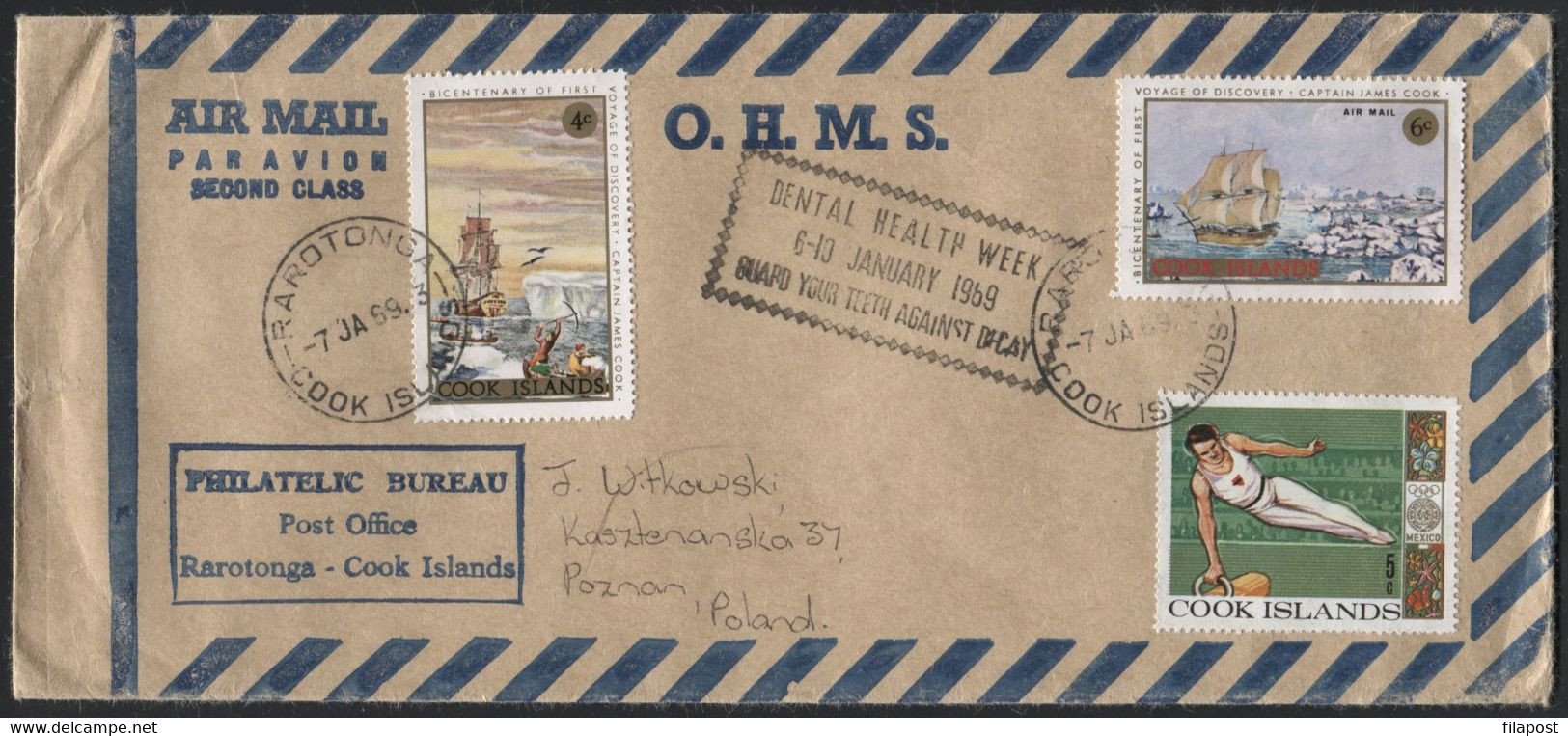 1969 Letter From Cook Islands To Poland, Air Mail F Format - Vliegtuigen