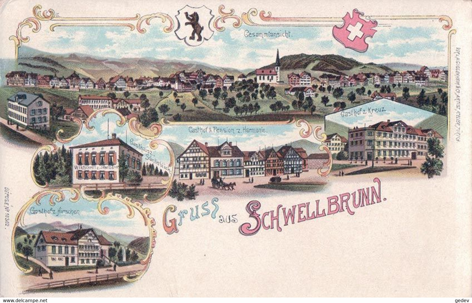 Gruss Aus Schwellbrunn AR, Gasthof Kreuz, Hirschen, Harmonie Und Säntis, Litho (10302) - Schwellbrunn