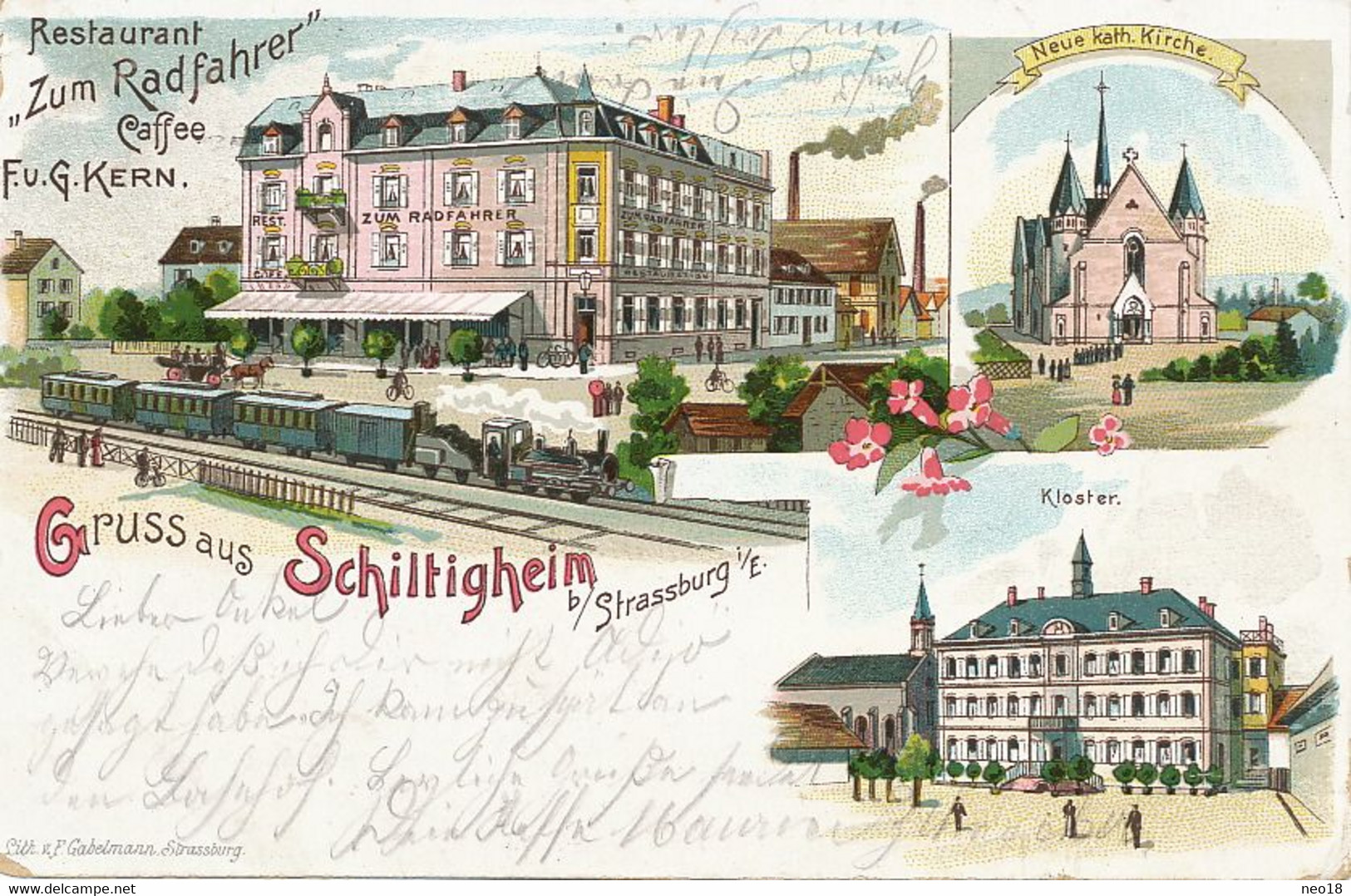 Gruss Aus Schiltigheim Pionnière Litho Couleur  Restaurant Zum Radfahrer Kern . Gare . Station. Litho Gabelmann - Schiltigheim