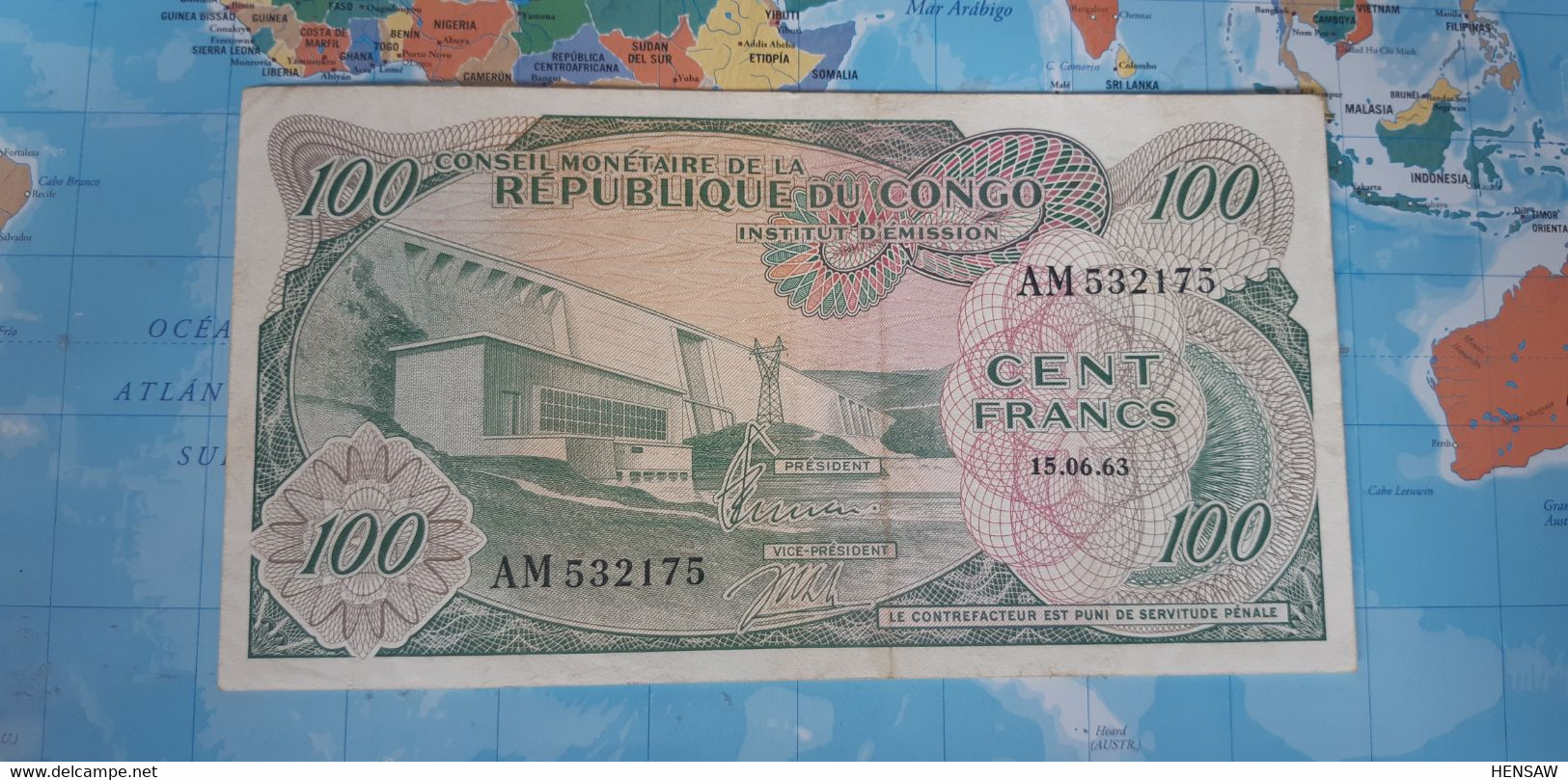 CONGO DEMOCRATIC REPUBLIC KINSHASHA 100 FRANCS 1963 P 1a USED VF++ - République Démocratique Du Congo & Zaïre