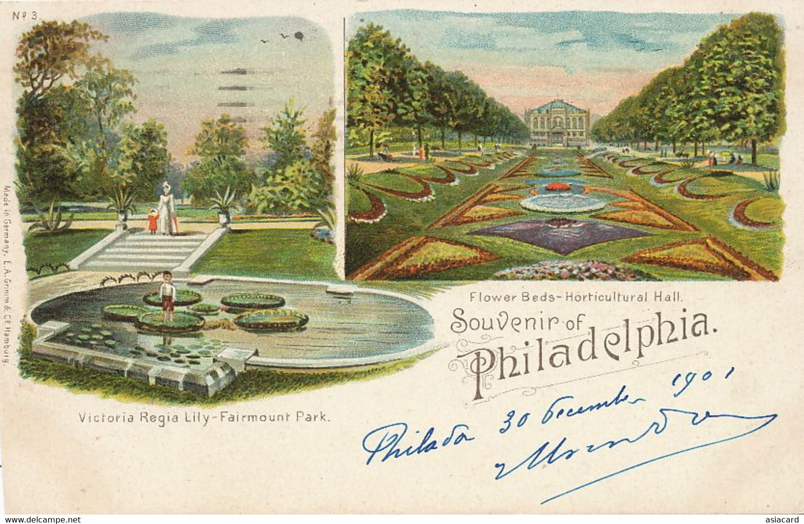 Souvenir Of Philadelphia 1901 Pionner Card Litho Grimm Hamburg Horticultural Hall. Victoria Regia Lily . Fairmount Park - Philadelphia