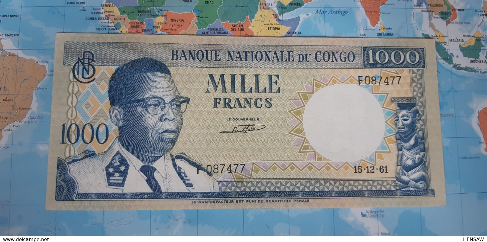 CONGO DEMOCRATIC REPUBLIC KINSHASHA 1000 FRANCS 1961 P 8a AUNC - République Démocratique Du Congo & Zaïre