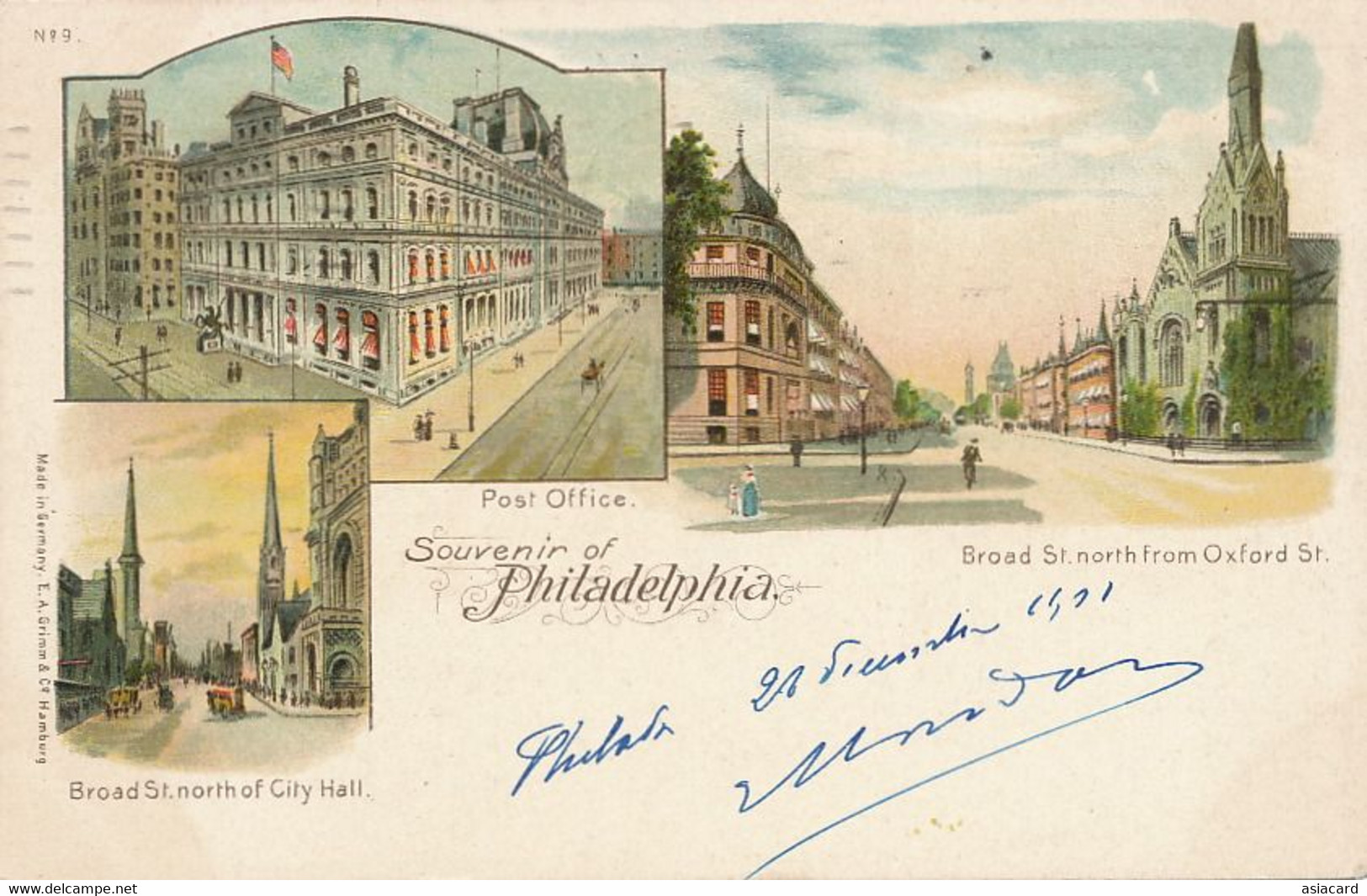 Souvenir Of Philadelphia 1901 Pionner Card Litho Grimm Hamburg Post Office , Broad St. - Philadelphia