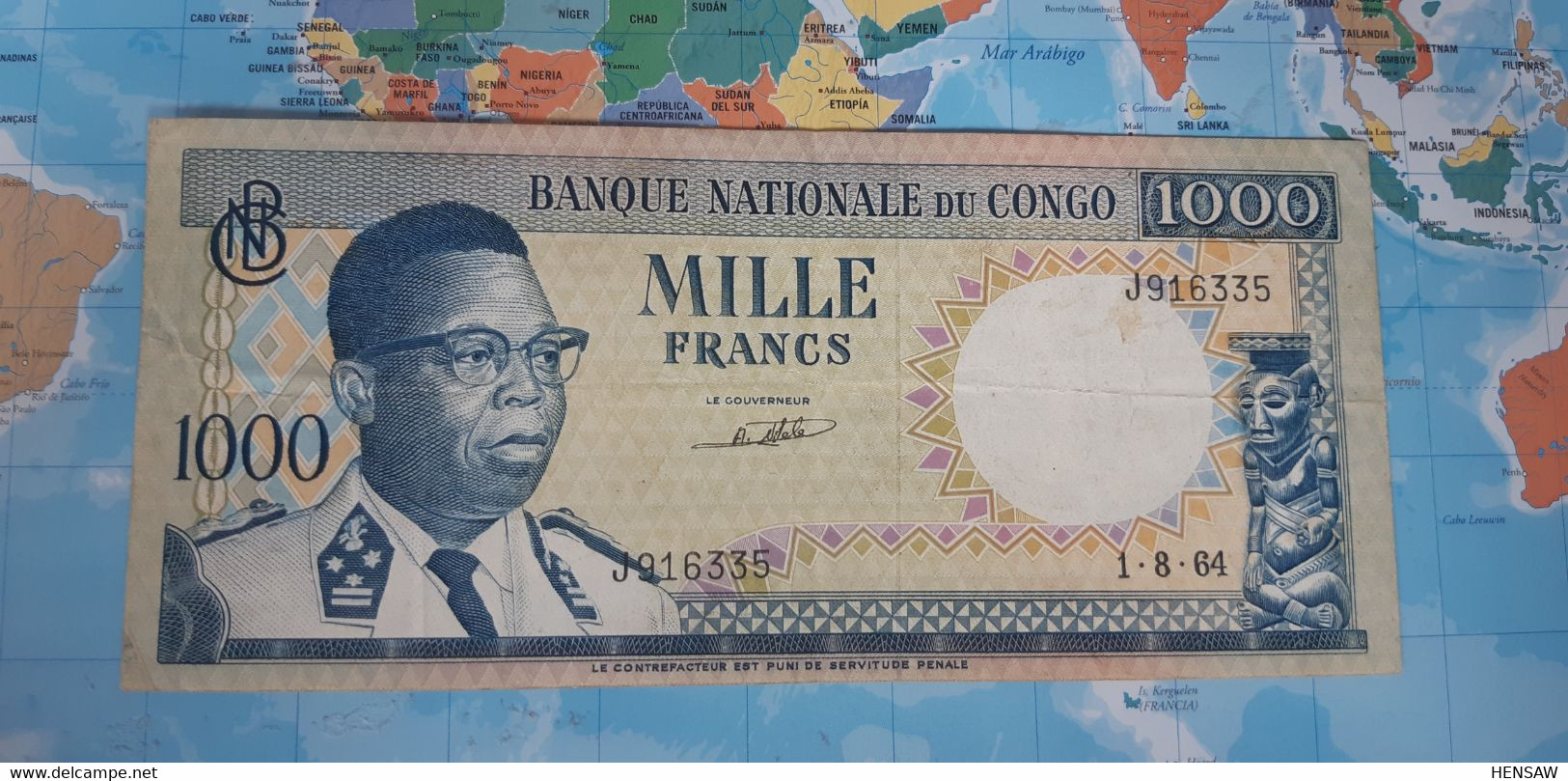 CONGO DEMOCRATIC REPUBLIC KINSHASHA 1000 FRANCS 1964 P 8a USED VF - République Démocratique Du Congo & Zaïre