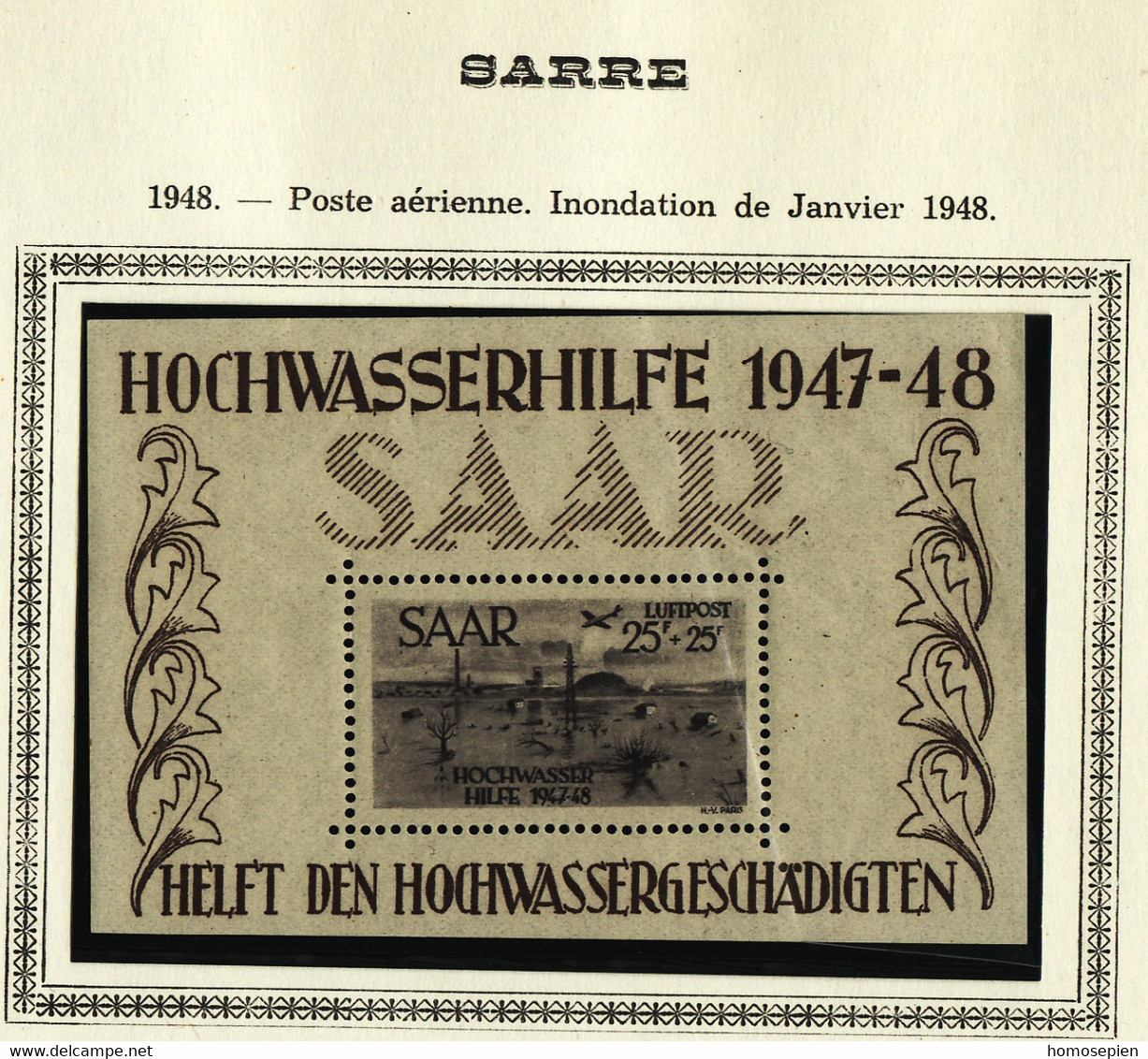 Sarre - Saarland Bloc Feuillet 1948 Y&T N°BF2 - Michel N°B2 *** - Victimes Des Inondations De Janvier 1948 - Blocs-feuillets