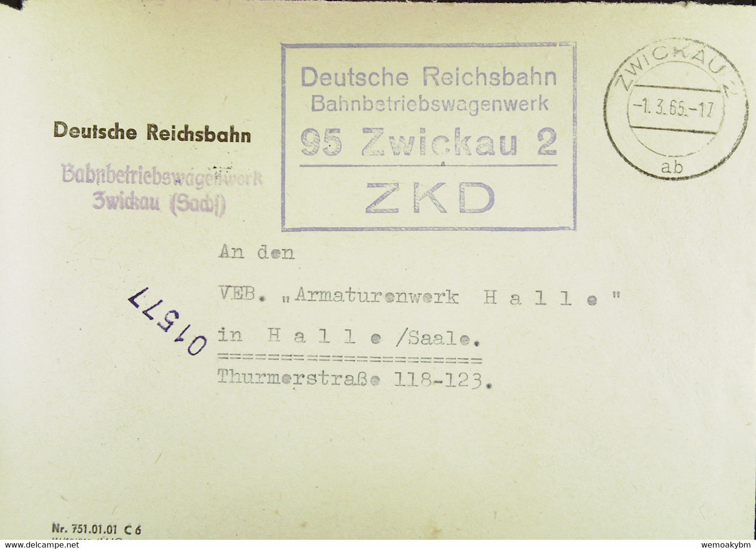 Fern-Brf Mit ZKD-Kastenstpl "Deutsche Reichsbahn Bahnbetriebswagenwerk 95 Zwickau 2" 1.3.65 AnVEB Armaturenwerk Potsdam - Covers & Documents