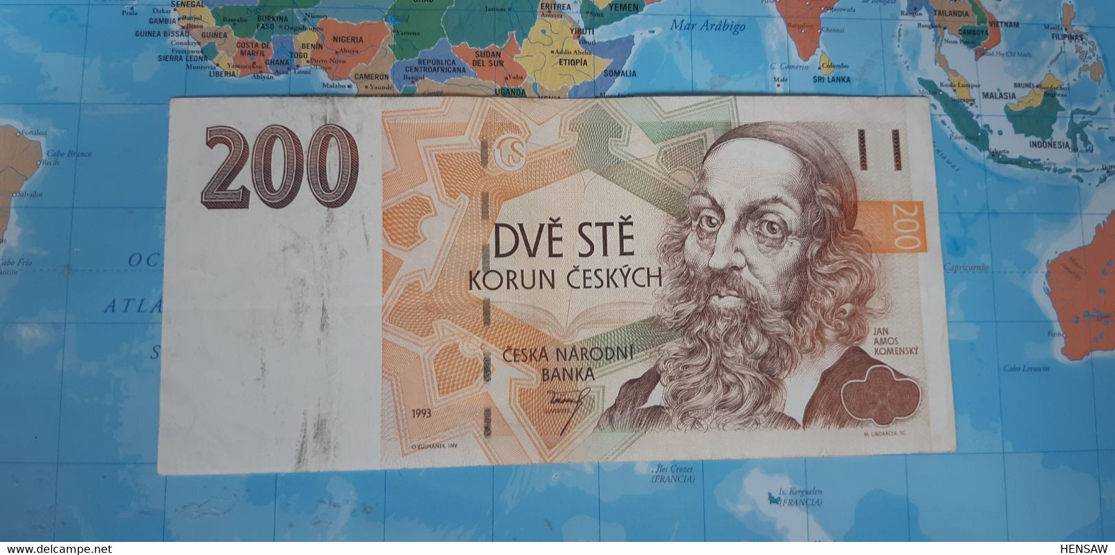 CZECH REPUBLIC 200 KORUN P 6b 1993 USED - RARE Security Thread With Imprint "200 Kč". - República Checa