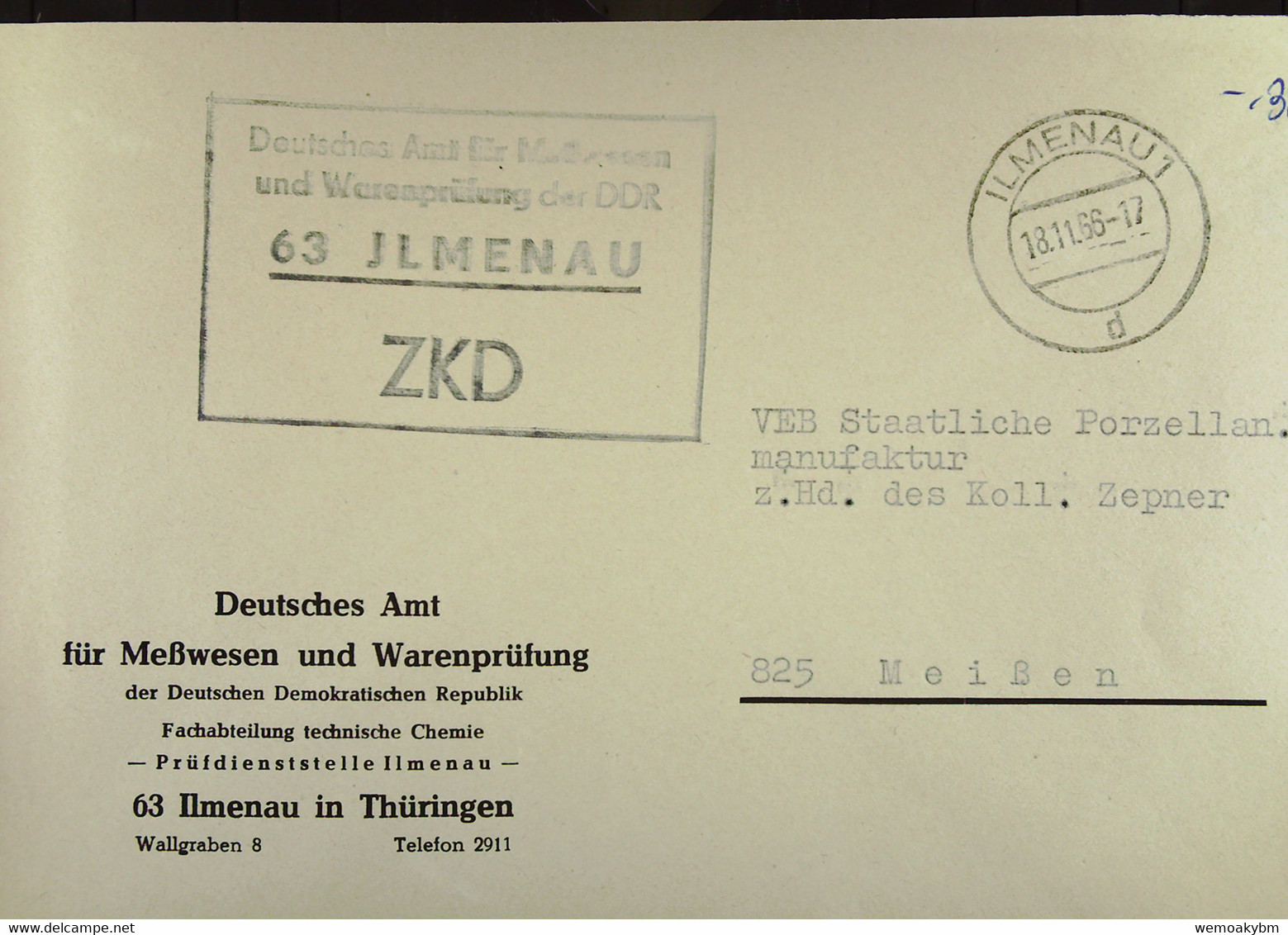 Fern-Brief Mit ZKD-Kastenstpl "Deutsches Amt Für Meßwesen Und Warenprüfung Der DDR 63 Ilmenau" 18.11.66 Nach Meißen - Cartas & Documentos