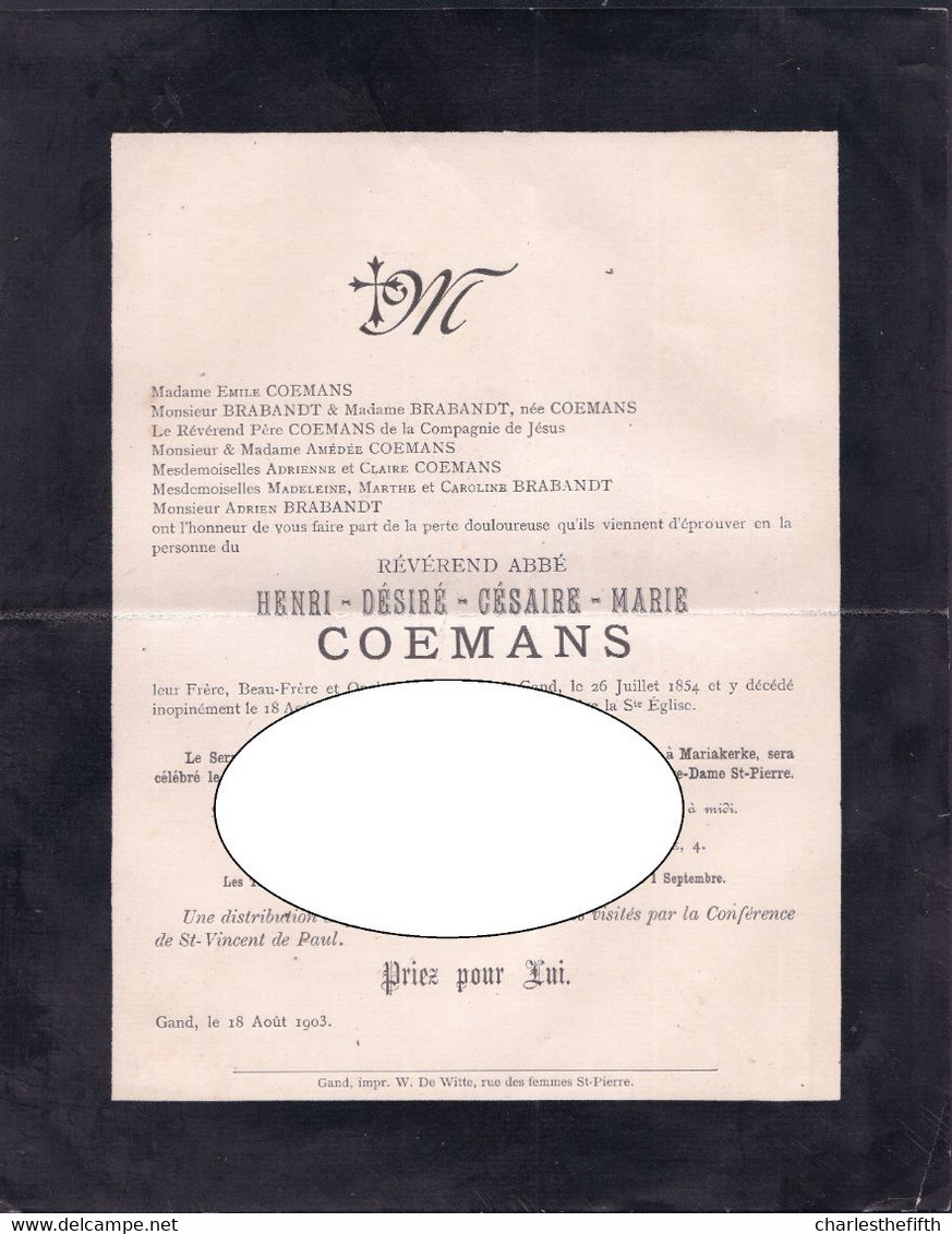 DOODSBERICHT GENT ** REVEREND ABBE HENRI COEMANS 1854° - 1903+ ** FAMILIE COEMANS - BRABANDT - - Overlijden