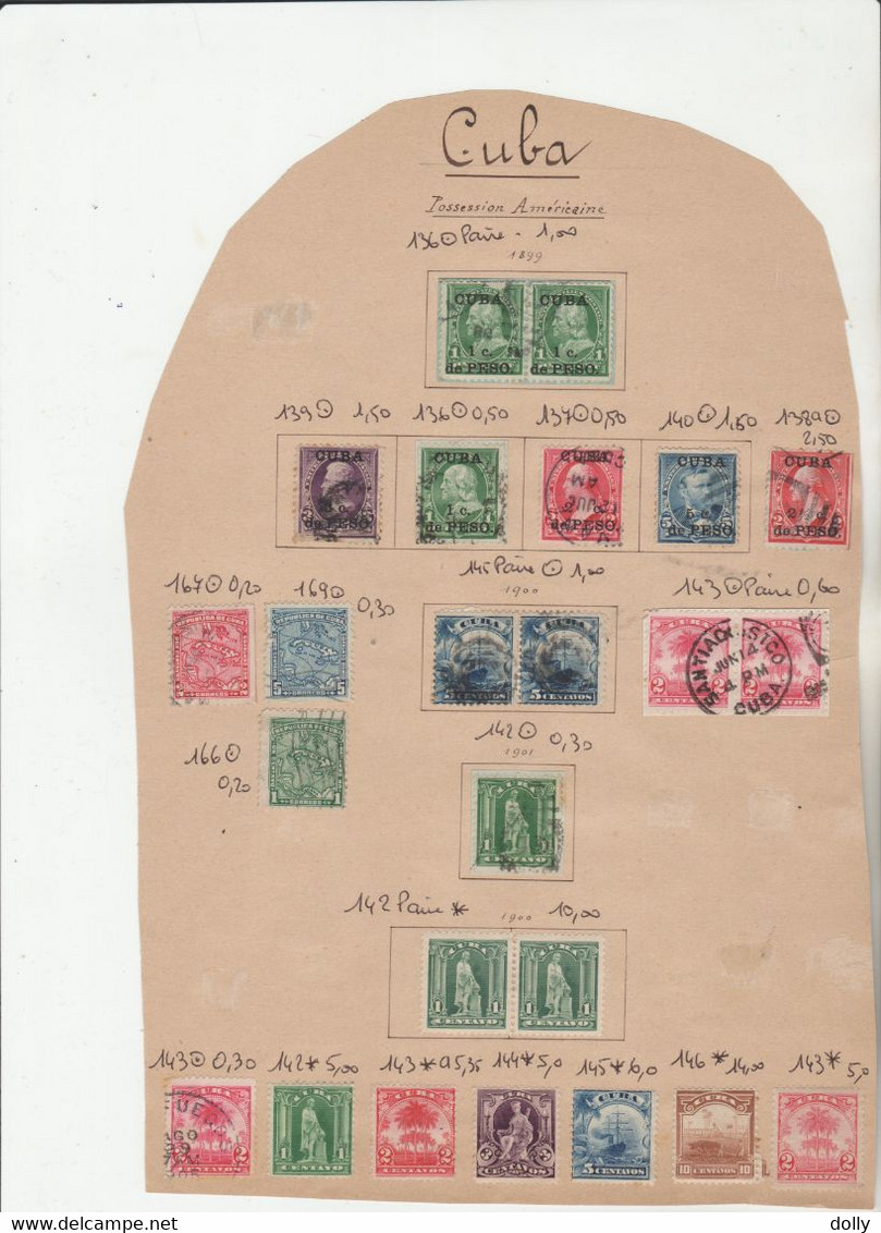 TIMBRES DE CUBA NEUF*/ OBLITEREES SUR FEUILLE 1876 A 1901 Nr VOIR SUR PAPIER AVEC TIMBRES  COTE 146.10 € - Préphilatélie