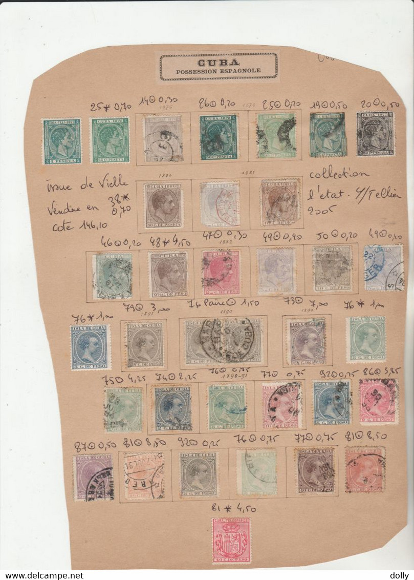 TIMBRES DE CUBA NEUF*/ OBLITEREES SUR FEUILLE 1876 A 1901 Nr VOIR SUR PAPIER AVEC TIMBRES  COTE 146.10 € - Préphilatélie