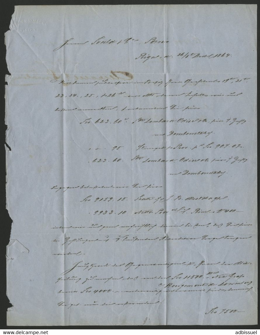 1864 LETTRE De RIGA En LETTONIE Pour PARIS (voir Description) - Lettonia