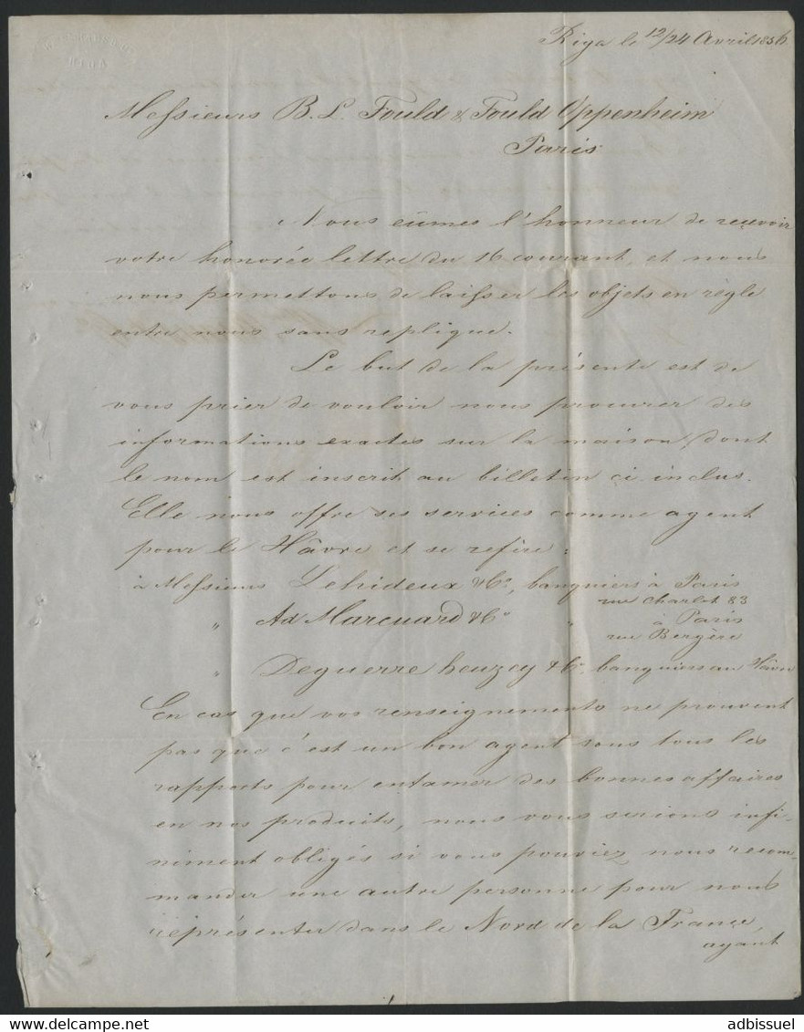 1856 RUSSIE LETTRE En PORT PAYE De RIGA (actuellement En LETTONIE)  Pour PARIS (voir Description) - ...-1857 Préphilatélie