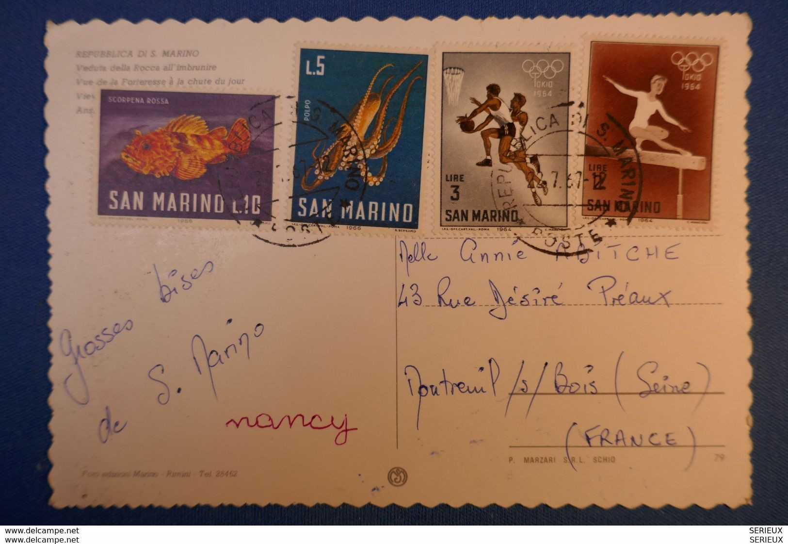A64 ITALIE .SAN MARINO CARTE 1967 POUR MONTREUIL FRANCE . LA FORTERESSE - Storia Postale