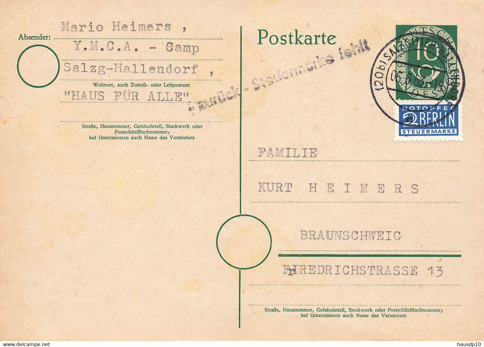 Bund GA Ganzsache P12 Salzgitter Hallendorf 1953 + Vermerk - Zurück - Steuermarke Fehlt - Brieven En Documenten