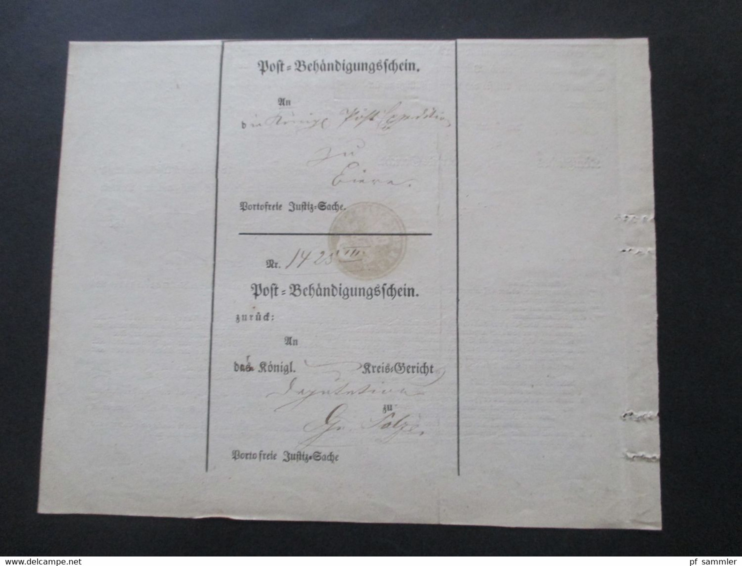 Altdeutschland Sachsen 30.4.1863 Beleg / Post Behändigungsschein Portofreie Justizsache Stp. K. Pr. Post Exped. Biere - Saxe