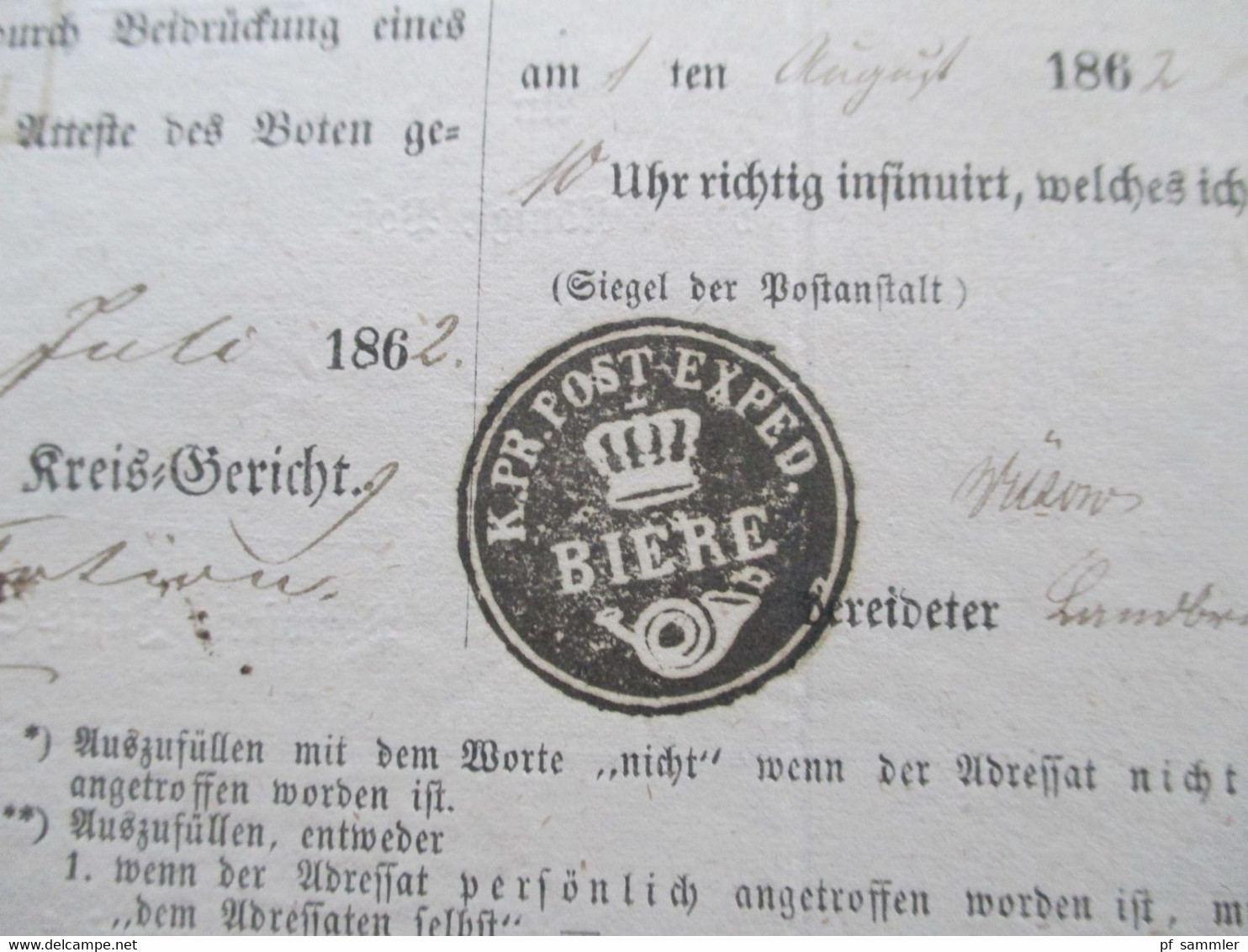 Altdeutschland Sachsen 1.8.1862 Beleg / Post Behändigungsschein Portofreie Justizsache Stp. K. Pr. Post Exped. Biere - Saxony