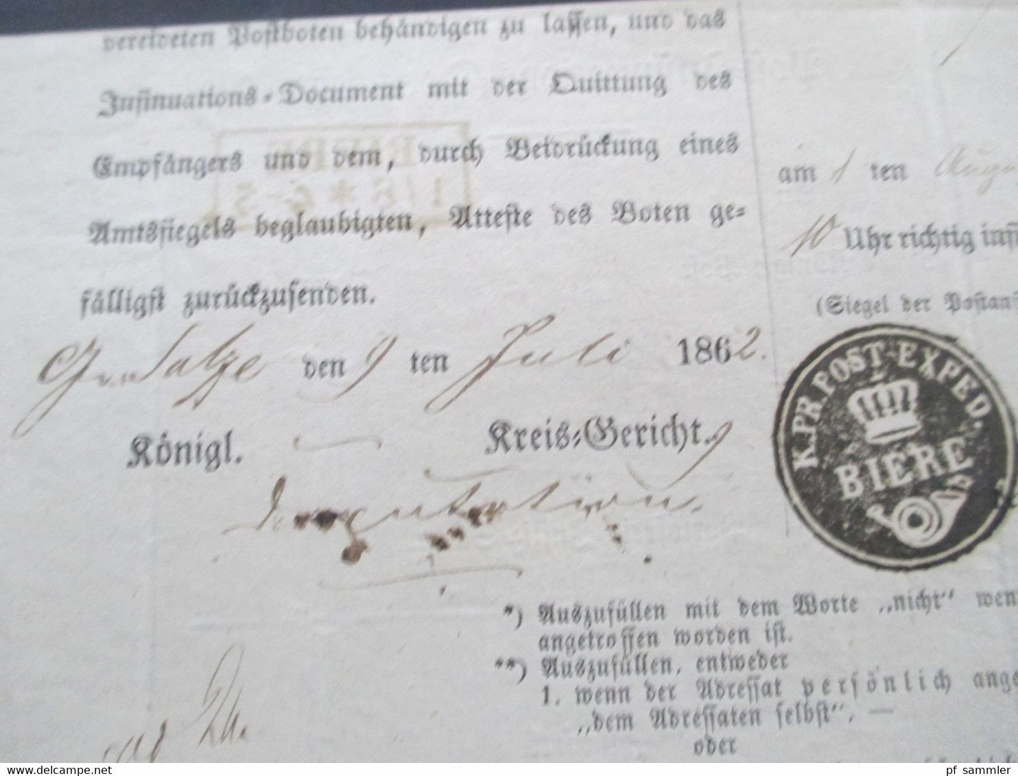 Altdeutschland Sachsen 1.8.1862 Beleg / Post Behändigungsschein Portofreie Justizsache Stp. K. Pr. Post Exped. Biere - Saxe