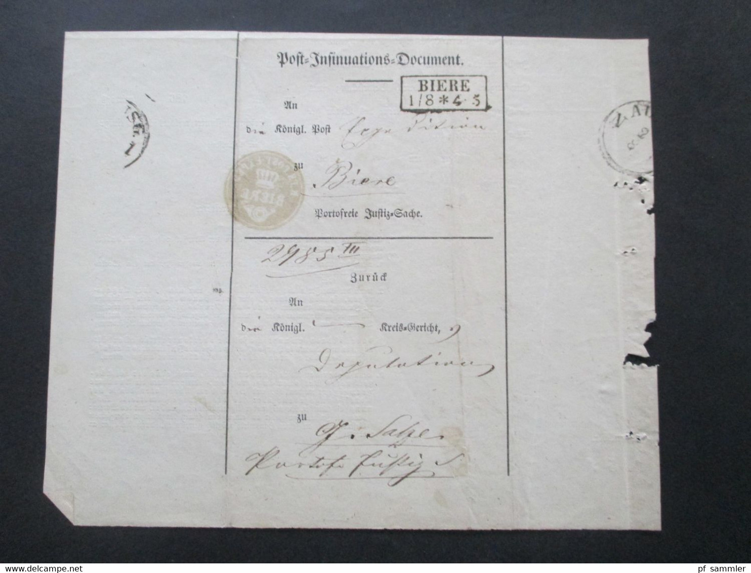 Altdeutschland Sachsen 1.8.1862 Beleg / Post Behändigungsschein Portofreie Justizsache Stp. K. Pr. Post Exped. Biere - Sachsen
